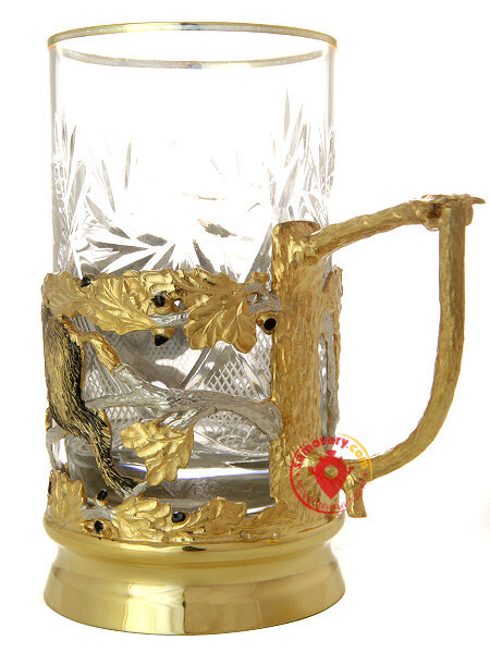 Подстаканник Златоуст позолоченный - Набор для чая "Кабан" (ложка, тарелка, хрусталь)